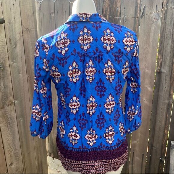 Maeve Anthropologie Woodland Walk Blue Burgundy Tribal Patterned Top Womens Sz 4 - Picture 4 of 6